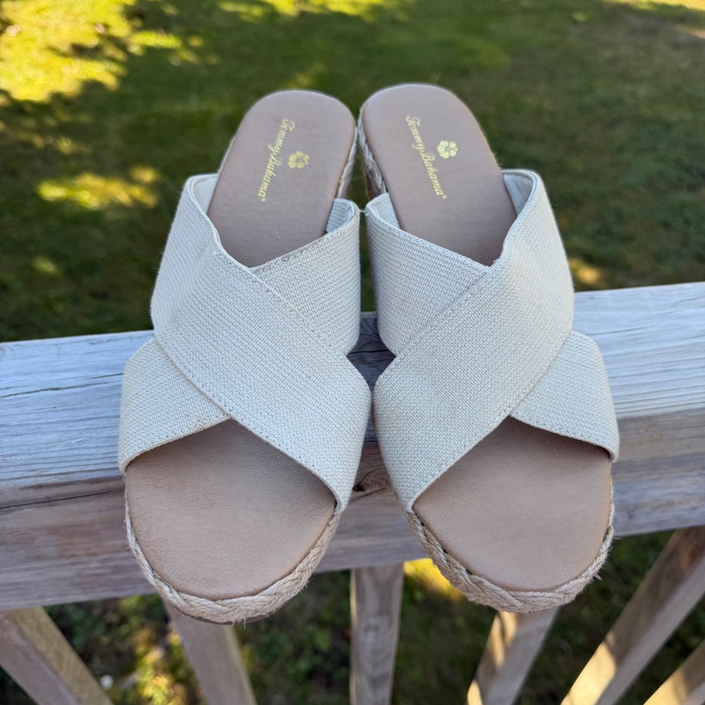 Tommy Bahama Suzette Beige Espadrille Wedge Sandals Crisscross Slides Womens 8M